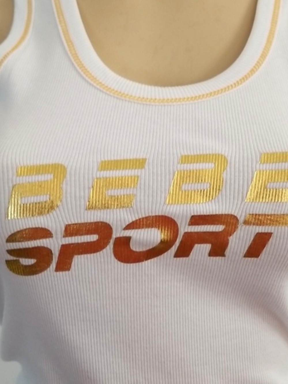 bebe White Ribbed Tank with Gold and Copper Logo